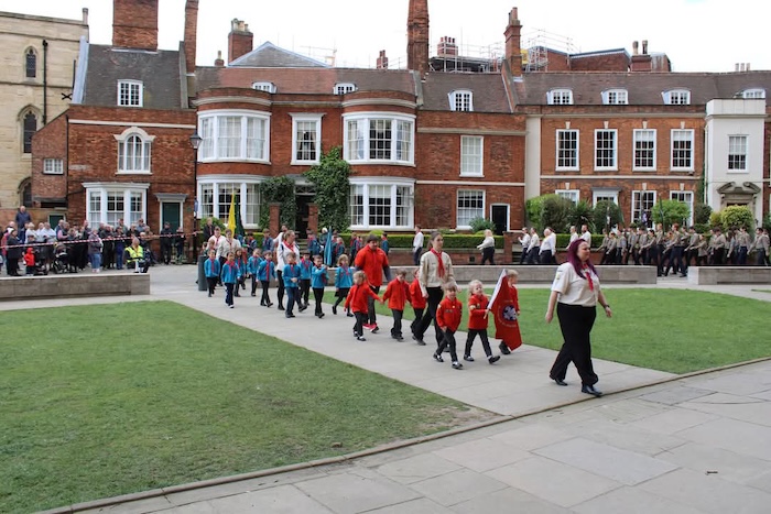 scouts 5 2024 Lincoln Scouts St Georges Parade Squirrels Beavers entering Cathedral